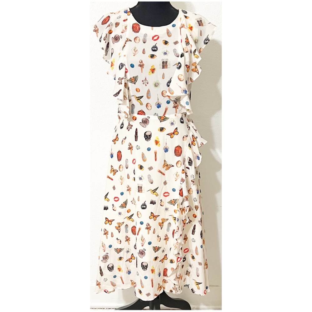 No Label Silk Elegant Cream Printed Midi Dress Skull Butterfly’s Ballerina